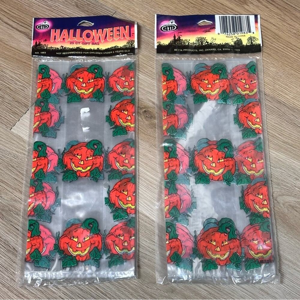 New Sealed Vintage 80s 90s Halloween Pumpkin Goodie Candy Bags Set of 2 50 Bags